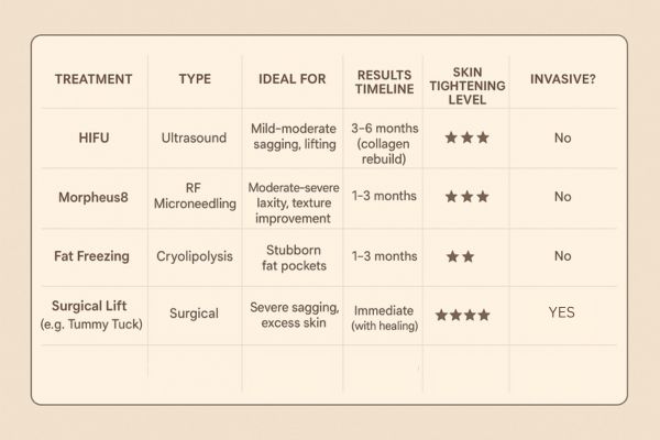 Table showing the comparisons of Skin tightening Greater London (Croydon) treatment options.